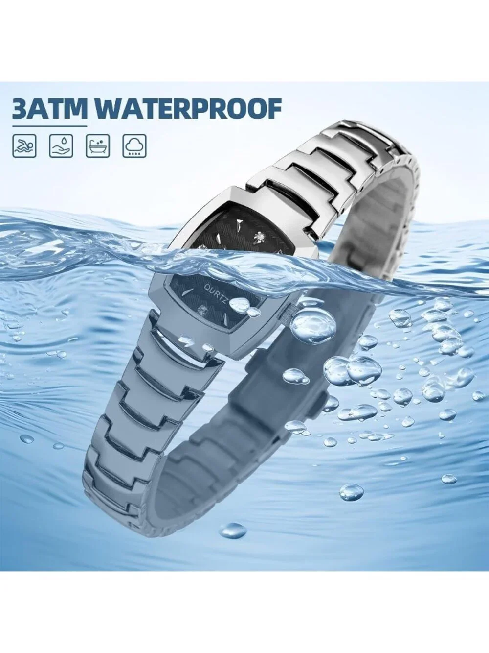 Women's Silver And Black Analog Steel Dainty Rectangle Waterproof Square Watch